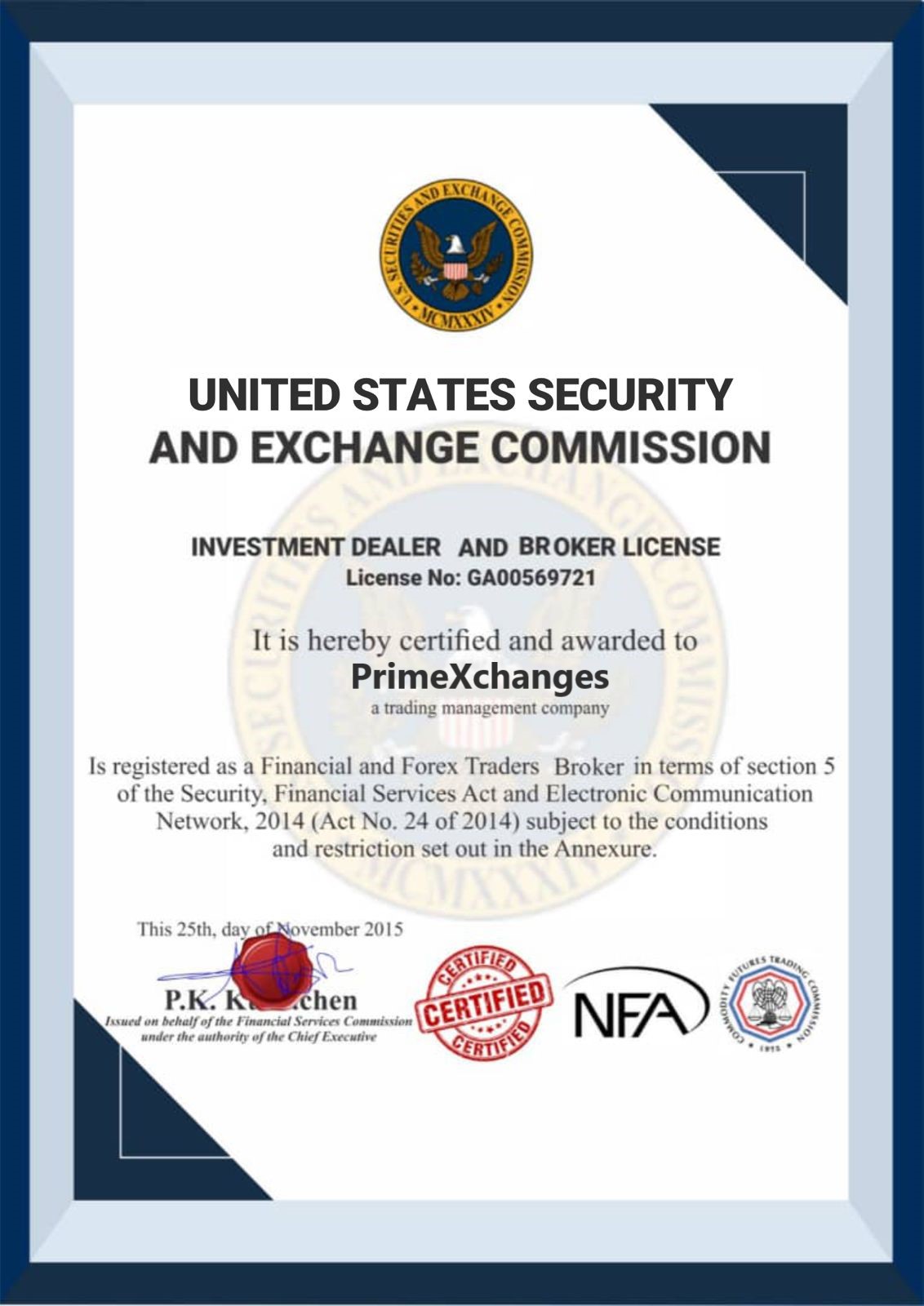 PrimeXchanges Certificate